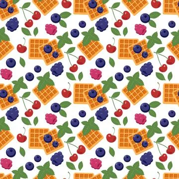 Seamless pattern with waffle and cherries, blueberries and blackberries and mint Stock Illustration
