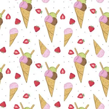 Seamless pattern waffle cone with ice cream and strawberry Stock Illustration