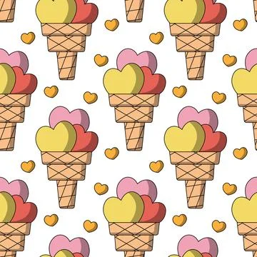 Seamless pattern with Waffle Ice Cream shaped Heart Illustrazione stock