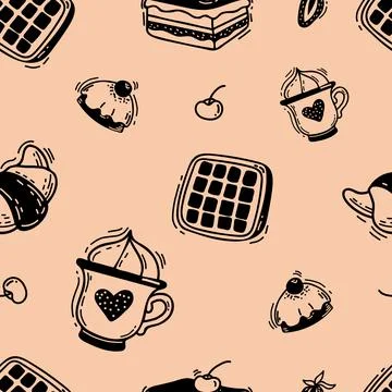 Seamless pattern with waffles, croissant, cakes and dessert in cup on beige Stock Illustration