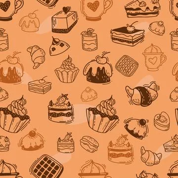 Seamless pattern with waffles, croissants, cakes, cream desserts and cupcakes on Stock Illustration