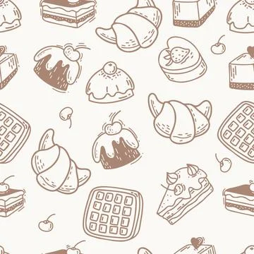 Seamless pattern with waffles, croissants, cakes, dessert, cupcakes and pieces o Stock Illustration