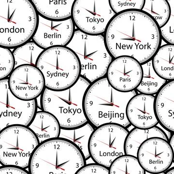 Seamless pattern with wall clocks and time in different cities Stock Illustration