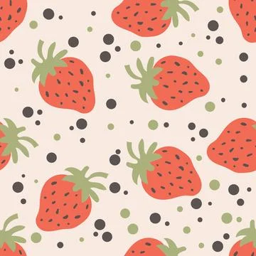 Seamless pattern, wallpaper bright red cute strawberry on dots background. Stock Illustration