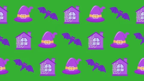 Seamless pattern wallpaper of witch hats, haunted houses, and bats cartoon Stock Footage 318294376