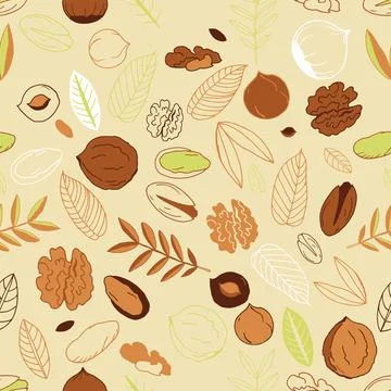 Seamless pattern with walnuts, pistachios with hazelnuts and leaves on a light Illustrazione stock