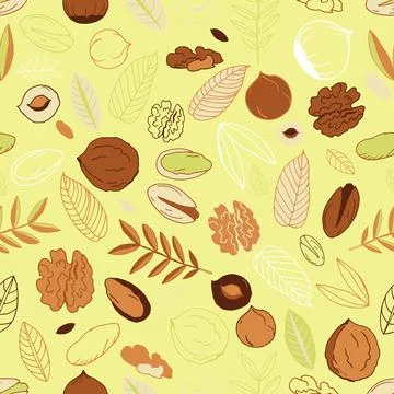 Seamless pattern with walnuts, pistachios with hazelnuts and leaves on a light Illustrazione stock