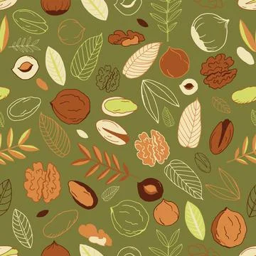 Seamless pattern with walnuts, pistachios with hazelnuts and leaves on an oli Stock Illustration