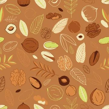Seamless pattern with walnuts, pistachios with hazelnuts and leaves on a brow Illustrazione stock