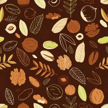 Seamless pattern with walnuts, pistachios with hazelnuts and leaves on an oli Illustrazione stock