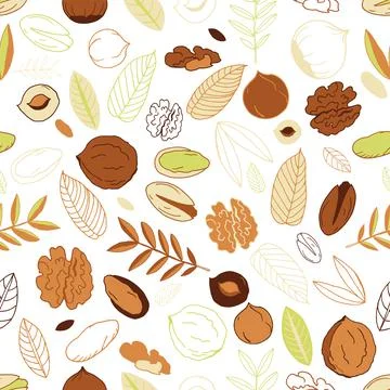 Seamless pattern with walnuts, pistachios with hazelnuts and leaves on an oli イラスト素材