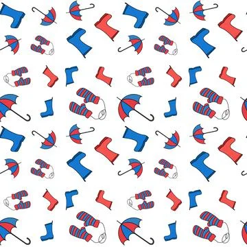 Seamless pattern with warm autumn clothes on white background. Umbrella, mittens Stock Illustration