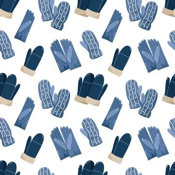 Seamless pattern with warm blue knitted winter mittens and gloves with patter Illustration