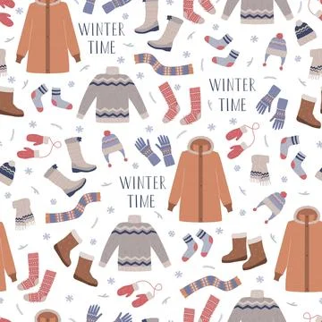 Seamless pattern with warm clothes and winter time inscription. Stock Illustration