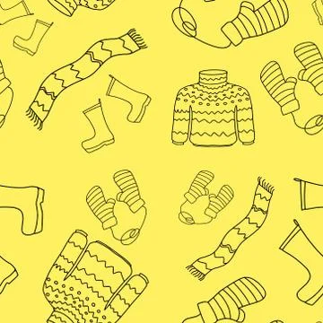 Seamless pattern with warm clothing on a yellow background. Warm sweater, scarf Stock-Illustration