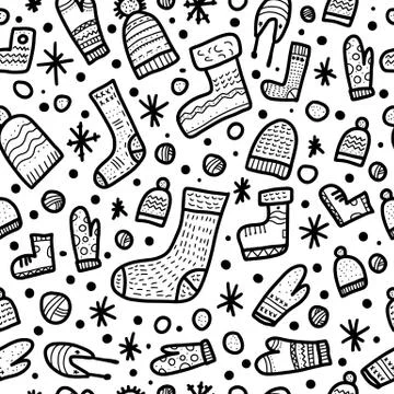 Seamless pattern of warm socks, beanies, gloves. Endless background in doodle Stock Illustration