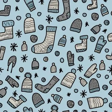 Seamless pattern of warm socks, beanies, gloves. Endless background. Vector i Stock Illustration