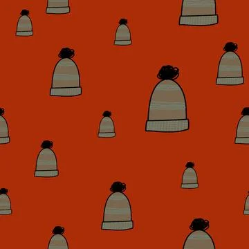 Seamless pattern of warm winter hats with bubo Stock Illustration
