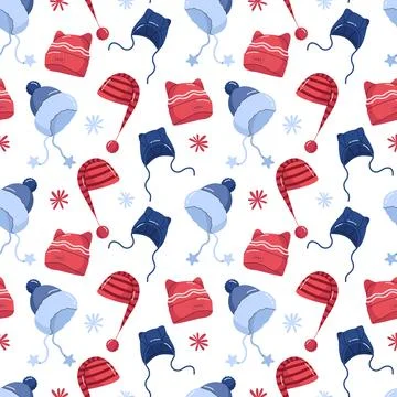 Seamless pattern with warm winter hats, knitted beanies, and blue earflap cap Illustration