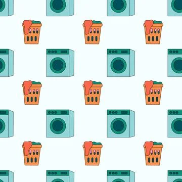 Seamless Pattern with Washing machine, laundry basket with clothes Stock Illustration