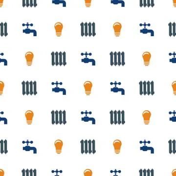 Seamless pattern with water crane, lightbulb and radiator on white background Illustrazione stock