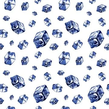 Seamless pattern water ice cubes isolated on white background. Watercolor Stock Illustration