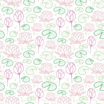 Seamless pattern with water lily in green and pink colors Stock Illustration