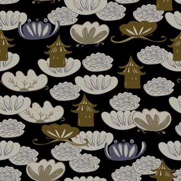 Seamless pattern water lily, slotus leaves flowers pagoda, asian japanese chi Stock Illustration