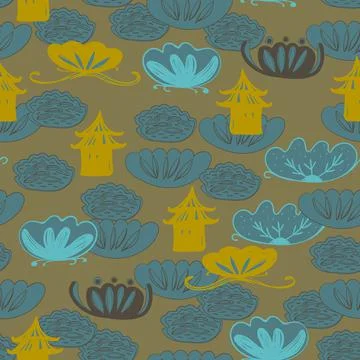 Seamless pattern water lily, slotus leaves flowers pagoda, asian japanese chi Stock Illustration
