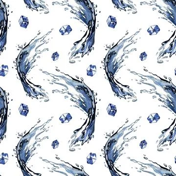 Seamless pattern water splash with ice cubes isolated on white background Stock Illustration