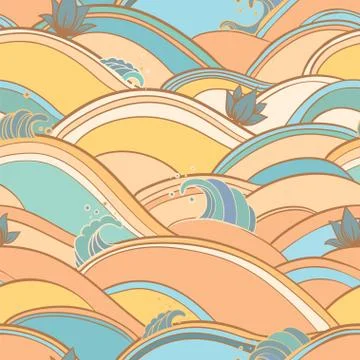 Seamless pattern with water waves and lilies Stock Illustration