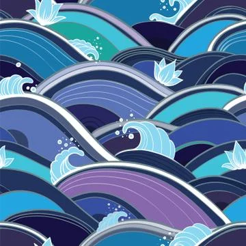 Seamless pattern with water waves and lilies Stock Illustration