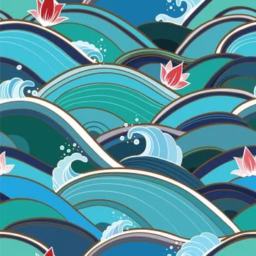 Seamless pattern with water waves and lilies Stock Illustration