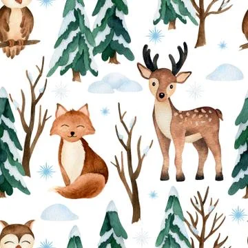 Seamless pattern with watercolor animals in winter forrest Stock Illustration