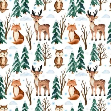 Seamless pattern with watercolor animals in winter forrest. Stock Illustration