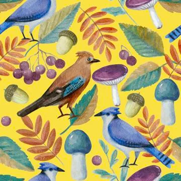 Seamless pattern with watercolor autumn elements. Stock Illustration