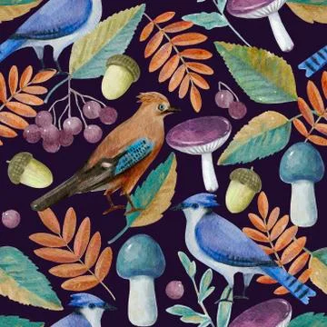 Seamless pattern with watercolor autumn elements. Illustrazione stock