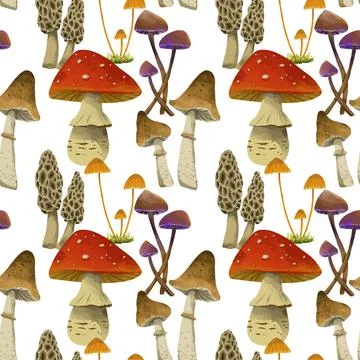 Seamless pattern with watercolor autumn forest mushrooms Stock Illustration