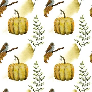 Seamless pattern with watercolor autumn pumpkins, birds, and leaves Stock Illustration