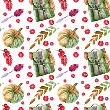 Seamless pattern watercolor back to school. Backpack, pumpkin, currant berries Stock Illustration