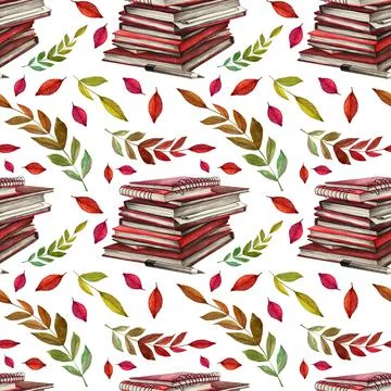 Seamless pattern watercolor back to school. Textbooks books with autumn red Stock Illustration