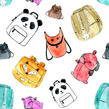 Seamless pattern with watercolor backpacks Stock Illustration
