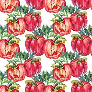 Seamless pattern watercolor bell pepper and greenery parsley on white background Stock Illustration