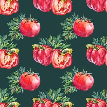 Seamless pattern watercolor bell pepper and tomato with greenery parsley on dark Stock Illustration