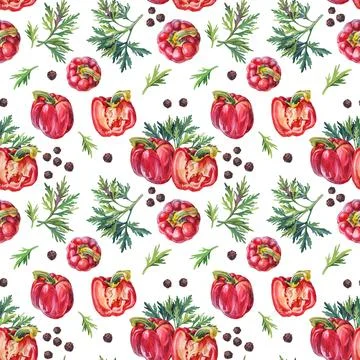 Seamless pattern watercolor bell pepper and greenery parsley and black Stock Illustration