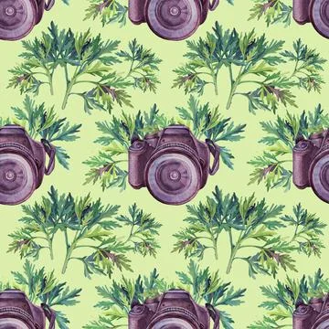 Seamless pattern watercolor black camera with leaves on green background Stock Illustration