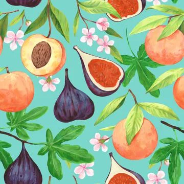 Seamless pattern with watercolor blooming peach branches with flowers and ripe Stock Illustration