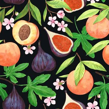 Seamless pattern with watercolor blooming peach branches with flowers and ripe Stock Illustration