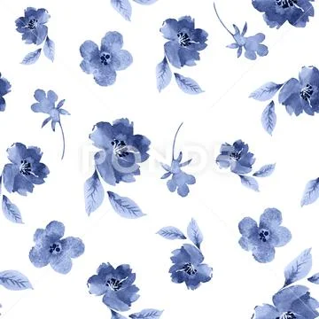 Seamless pattern with watercolor blue flowers and leaves on a white ...