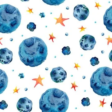 Seamless pattern of watercolor blue planets and orange stars creating a whi.. Stock Illustration